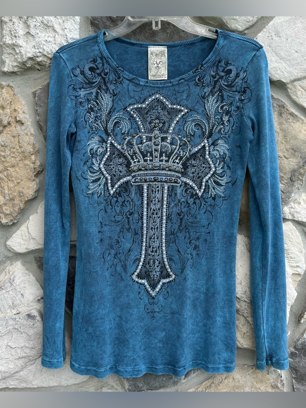 Vocal Top Size L Blue Acid Wash Ribbed Y2K Style Biker Goth Grunge Edgy Tattoo